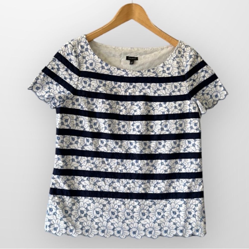 Talbots Navy and White Floral Stripe Short Sleeve Top